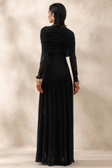 Enalia | Black Mesh Slashed-Neck Maxi Dress With Short-Cape