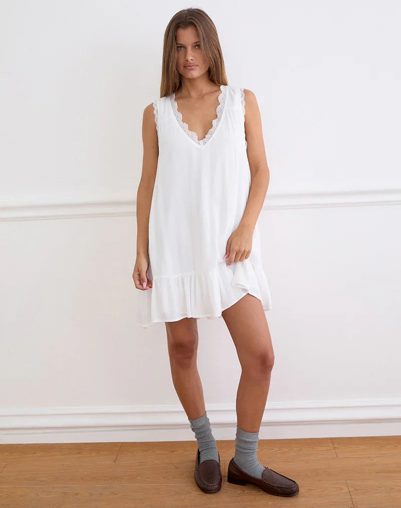 Manika Plunge Babydoll Mini Dress in Rayon White